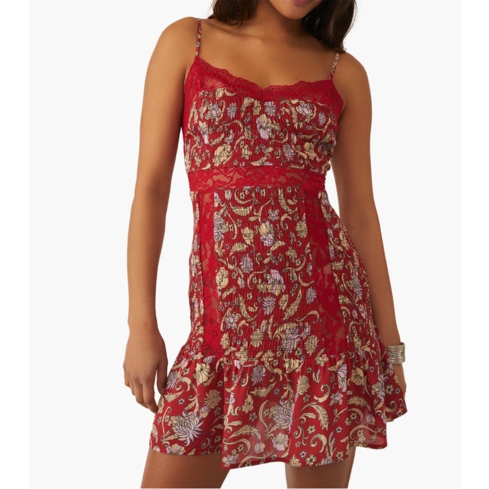 Free People Red Floral Lace-Trim Mini Dress